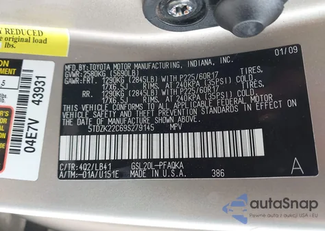 2009 Toyota Sienna Limited from USA, damaged, VIN 5TDZK22C69S279145